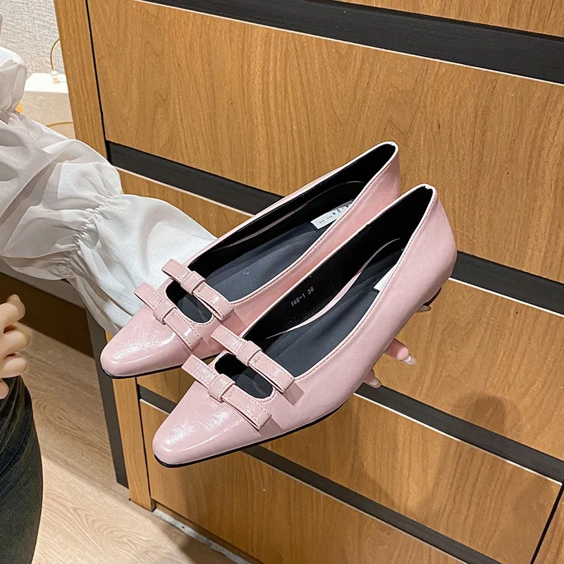 Designer Women Heels Elegant Pointed-toe Bowknot Pumps Ladies Small Heels Leather Shoes Casual Slip-on Scoop Shoes Tacones Mujer