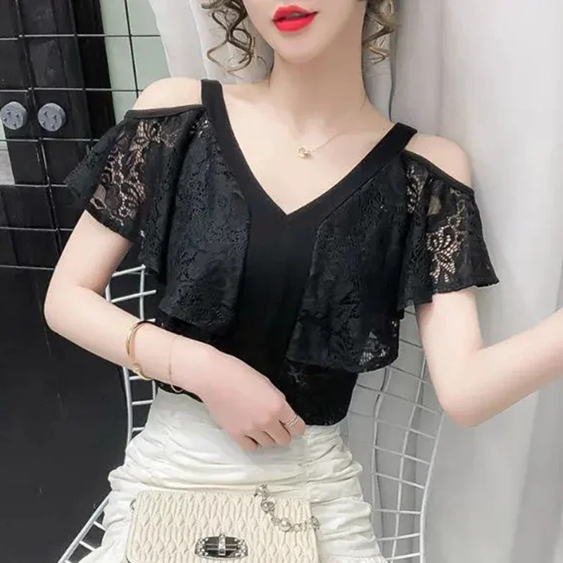 Fanshion Off Shoulder Lace Blouses Summer Women Sexy Streetwear Ruffles Blusas Femininas Korean Clothes White Black Ladies Tops