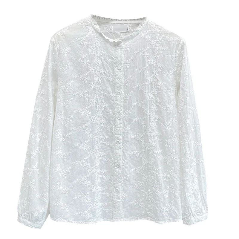 플러스 사이즈 여성 블라우스 2025 가을 신상 예술적 스타일 러플 칼라 코튼 자수 자카드 긴팔 셔츠 9090
