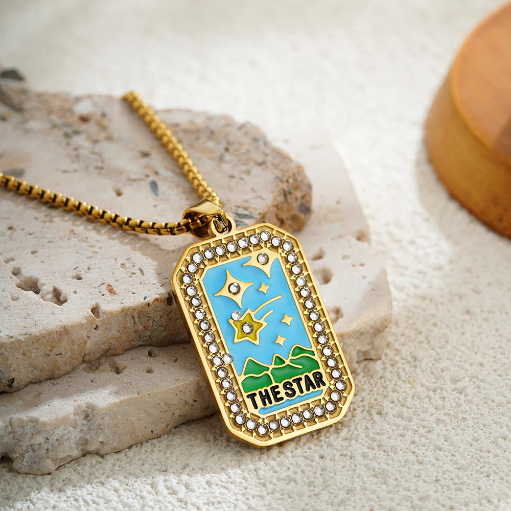 الذهب اللون قلادة للنساء الزركون عيد الميلاد مجوهرات ملونة هندسية ذات مغزى الشمس عاشق الفولاذ المقاوم للصدأ التارو القلائد