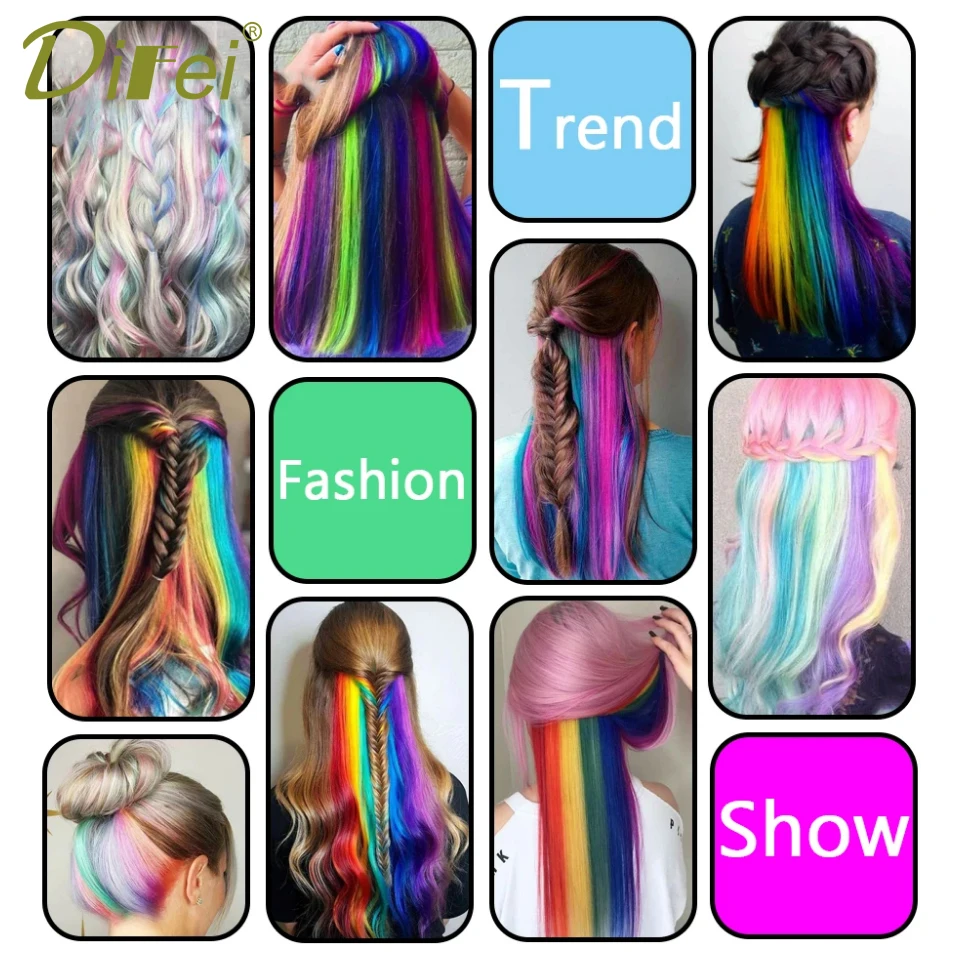 DIFEI Synthetic Clip In Hair highlights Extensions Heat Resistant Ombre Straight Hairpieces Colorful Hair For Girls Rainbow Hair