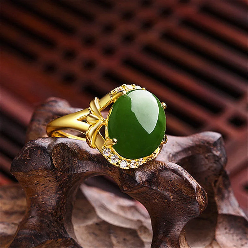 

Hetian Long Lasting Ring Pure Plated Real 18k Yellow Gold 999 24k Inlaid Jade Emerald Opening Adjustable Gift Ring Never Fade Je