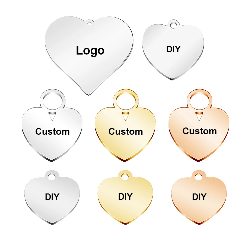 20 pz/lotto Acciaio Inossidabile Logo Personalizzato Cuore Tag Alto Lucido Personalizzato Cuore Logo Pendenti E Ciondoli Gioielli Fai Da Te Ciondolo A Cuore