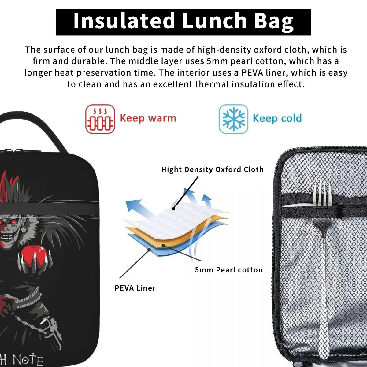 Anime Death Note L-Lawliet Insulated Lunch Bag for Women Children Portable Food Boxes Thermal Lunch Box Tote