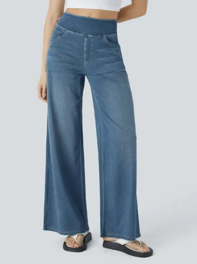 Jean en tricot extensible taille haute délavé pour femme, Baggy, jambes larges, avec plusieurs poches