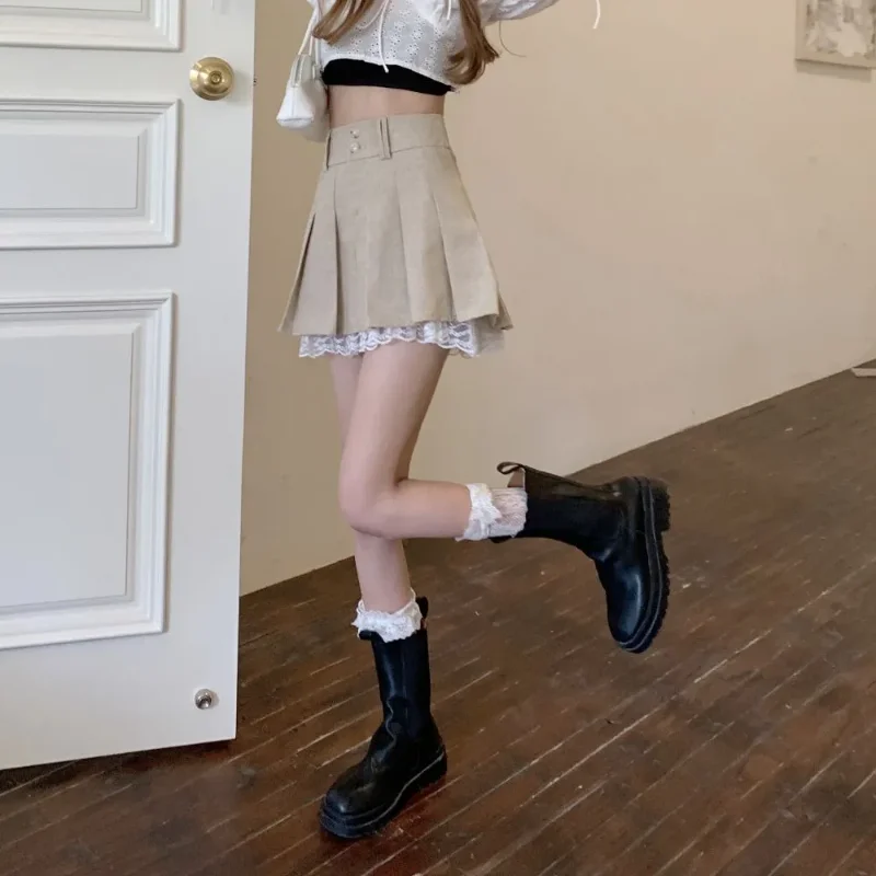Lace-trimmed Pleated High-waisted A-line Skirt New Style Anti-exposure Slimming Hot Girl