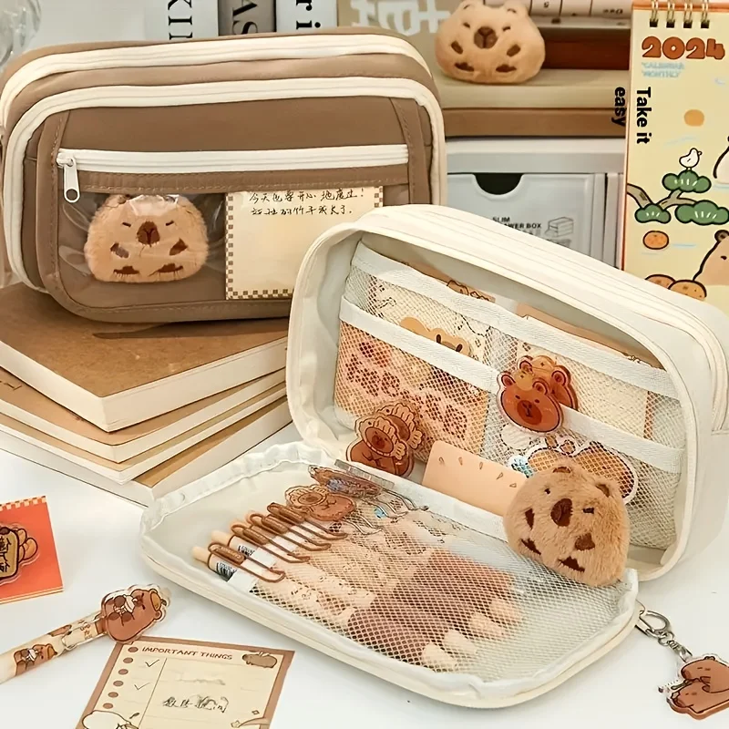 Large Capacity Pencil Bag Capybara Cartoon Stationery Holder Bag With Brooches Stickers Clips Keychains Children Pen Case