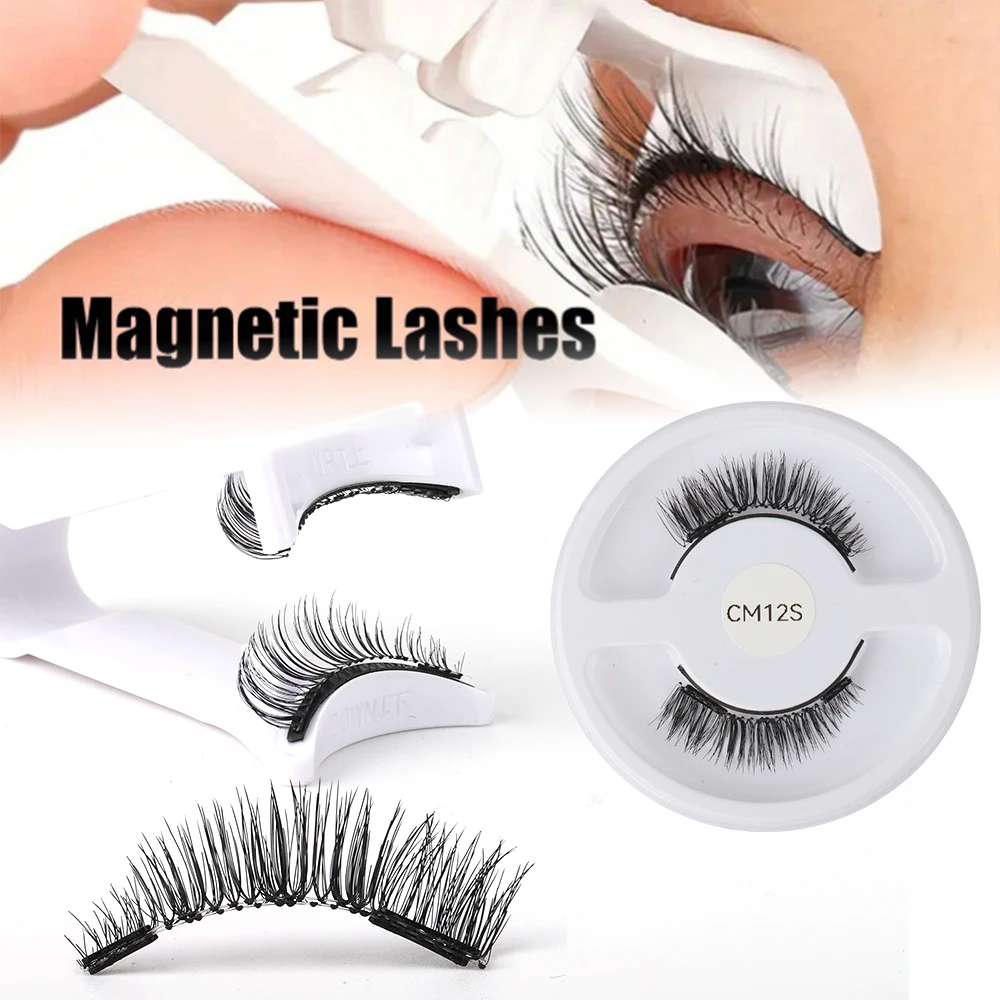 Lashine 1 Pair Magnetic Eyelashes Set Handmade Natural Curl False Eyelash with Tweezer Makeup Tools Magnetic Lashes for Sale