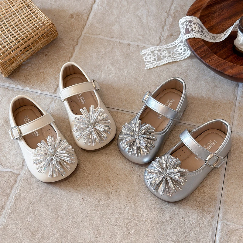 Autumn Girl's Princess Shoes Crystal Exquisite Charming Children Shoes Solid Colors Anti-slip Trendy Sweet Children Shoes 4-6Y