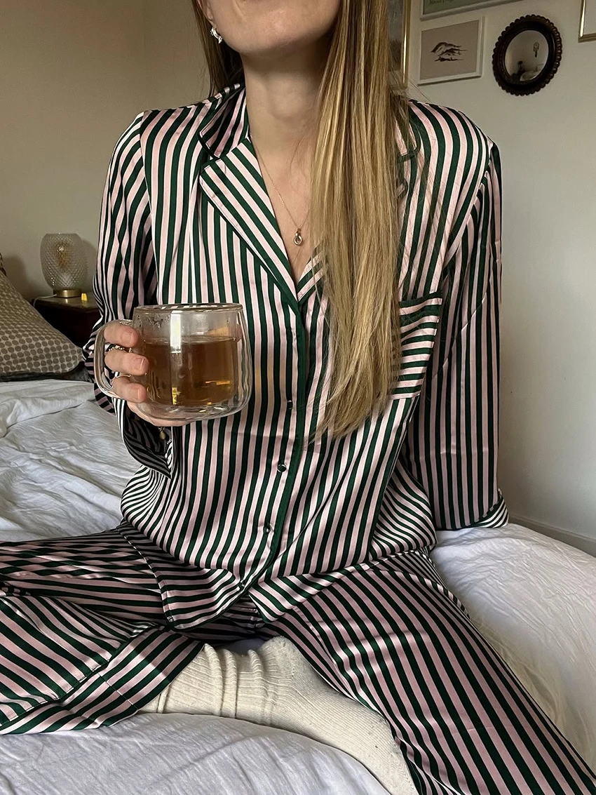 Marthaqiqi Striped Women'S Nightwear Suit Long Sleeve Nightgowns Sexy Turn-Down Collar Pajamas Pants Casual Ladies Sleepwear Set