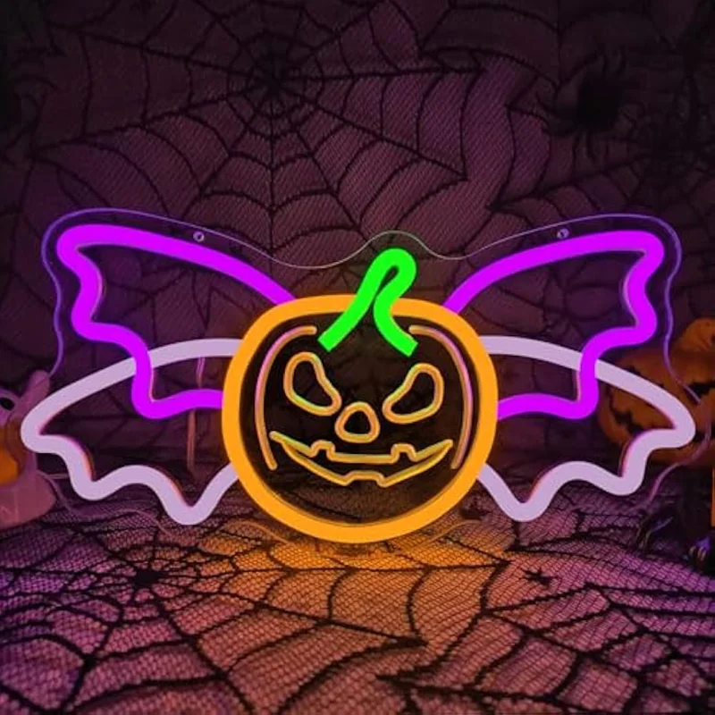 

Halloween Pumpkin Neon Sign USB Dimmable Pumpkin Bat Wings Led Neon Sign Wall Decor for Party Halloween Room Gifts