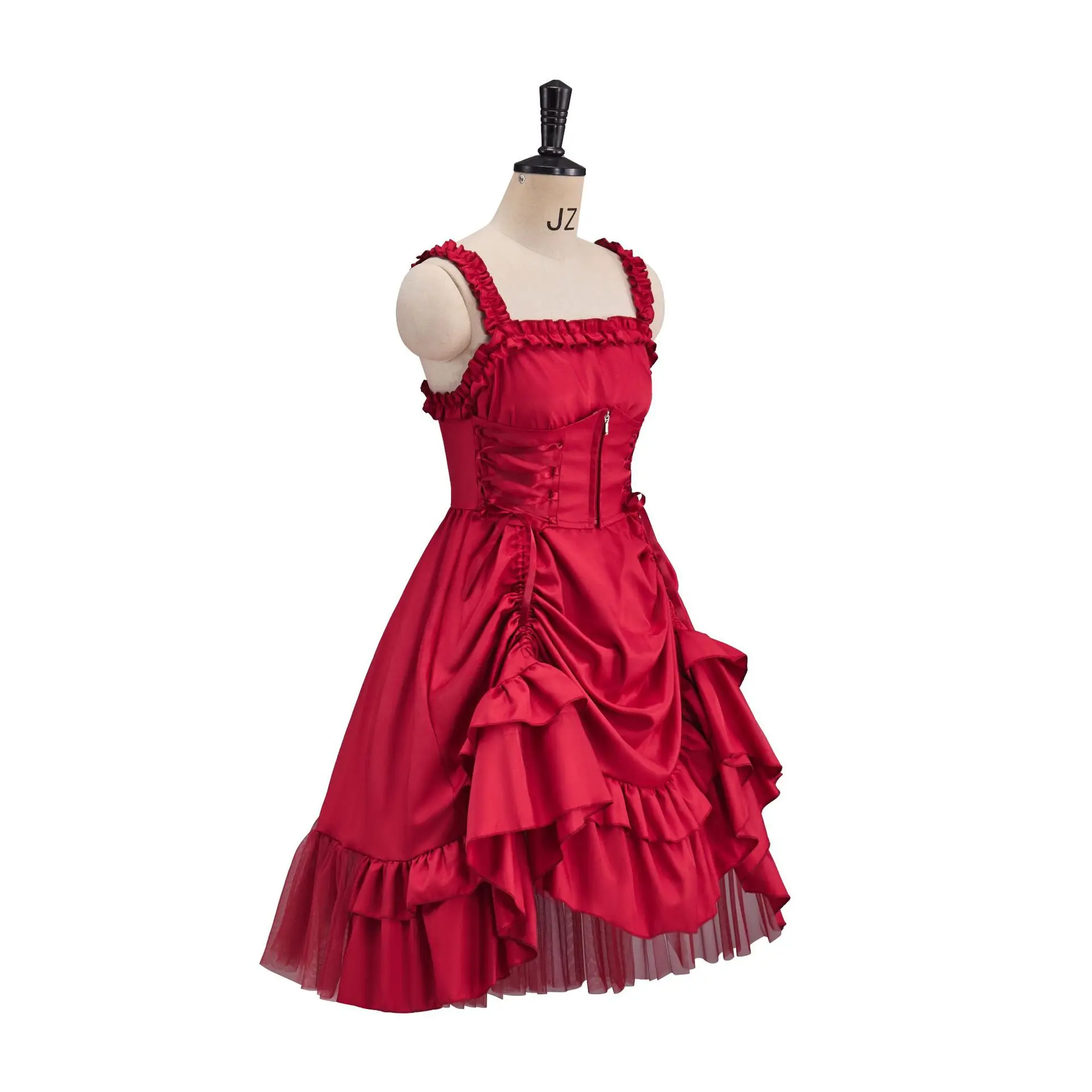 الأوروبية والأمريكية لوليتا تأثيري القوطية الكرة ثوب اللباس المجهزة غير المتماثلة الدانتيل متابعة حزام فستان الدانتيل الأحمر