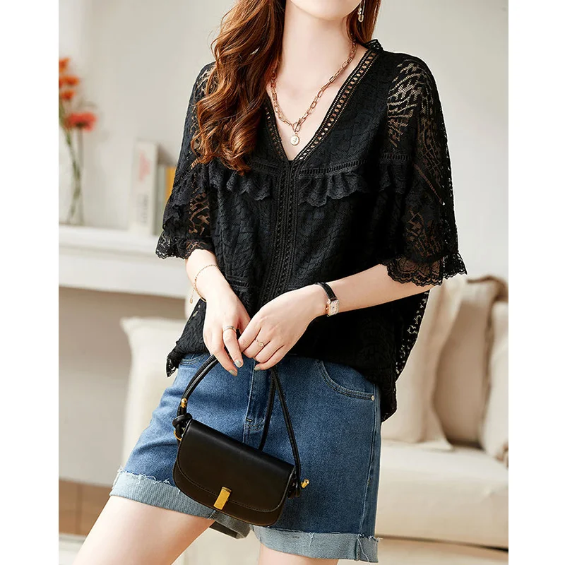 Black Stereoscopic Embroidered Lace V-neck Half Sleeved T-Shirts for Women Summer Clothes Hollow Out Loose-fitting Chiffon Tops