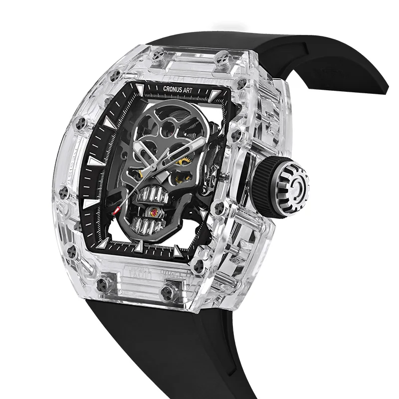 CRONUSART Men Automatic Watch 50mm*42mm Luxury Tonneau Mechanical Wristwatch Sapphire Case Luminou Fluororubber Strap Skull Dial