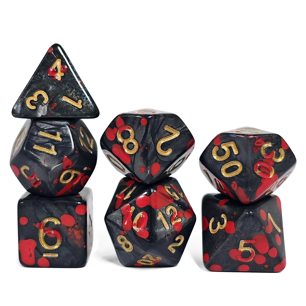 Black Blood Splatter Acrylic Polyhedral Dice Set 7Pcs - Red Bloodstain Dice for DND RPG MTG Halloween Party Tabletop Role Playin