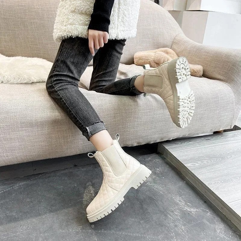 Shoes Woman Boots Non-Slip Boots Women Raise The Bottom Warm with Velvet Short Lattice Beige Black