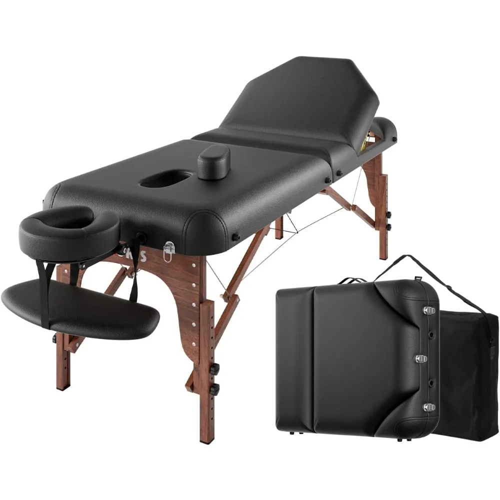 

Portable 3 Fold Reinforced Wooden Leg Hold Up to1100LBS Premium Spa Salon Tattoo Massage Bed Height Adjustable with Carrying Bag