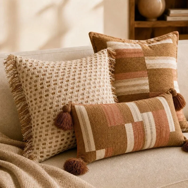 Boho Soft Chenille Jacquard Cushion Cover Vintage Woven Tassel Throw Pillow Cover Geometric Terracotta for Sofa Bed Home Decor