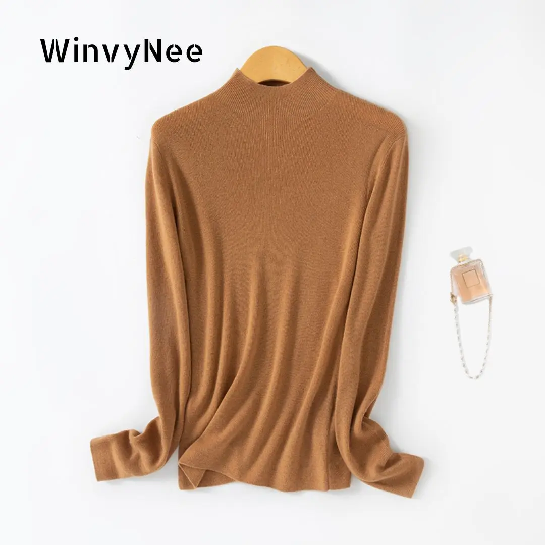 

WinvyNee Women Worsted Wool Mock Neck Ribbed High Stretch Slim Fit Long Sleeve Basic Layering Spring Autumn Pullover A1757013A
