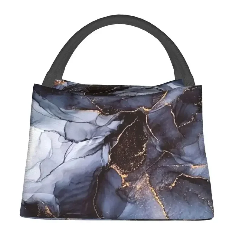 Luxurious Black And Grey Agate With Gold Texture Insulated Lunch Bags for Women Waterproof Thermal Cooler  Box