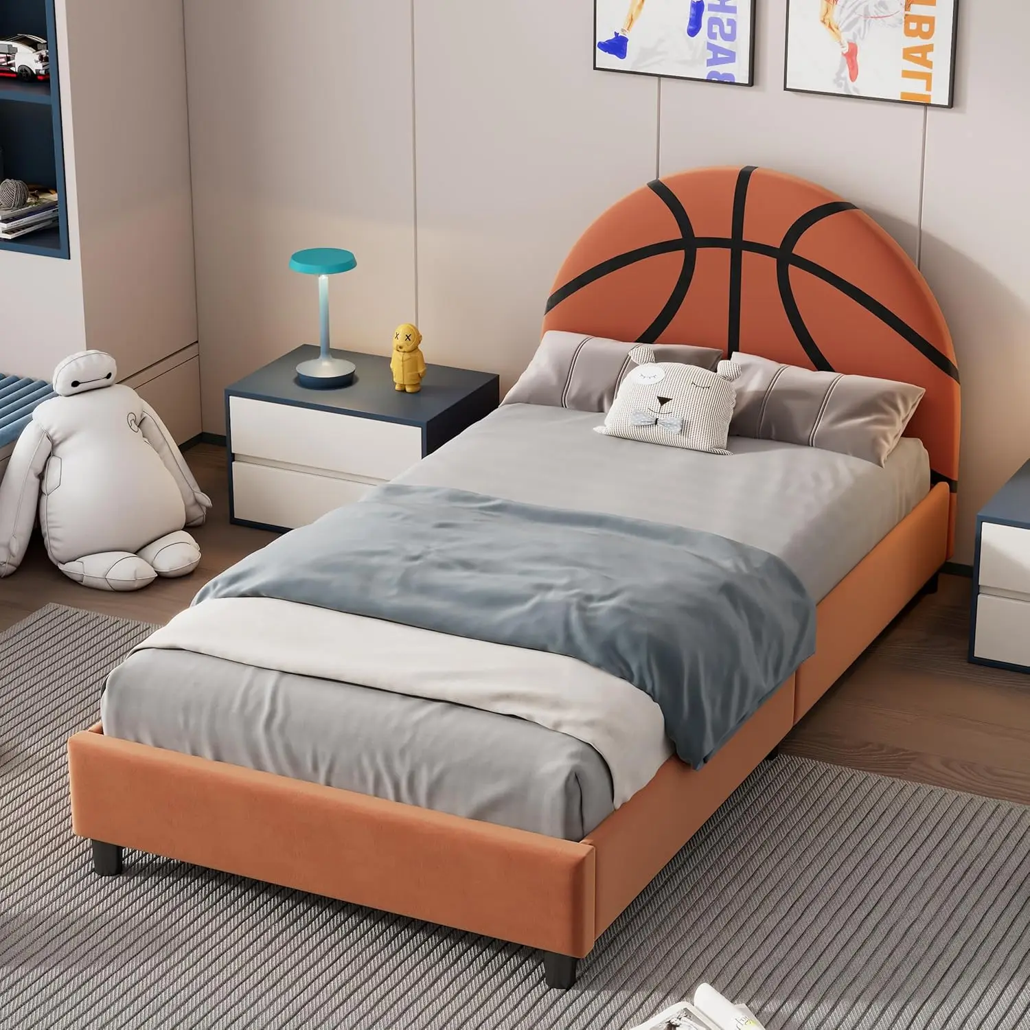 Marco de cama doble de diseño para niños, marco de cama doble para niños, cama de plataforma tapizada con tema deportivo con cabecero para niños, niñas, Oran