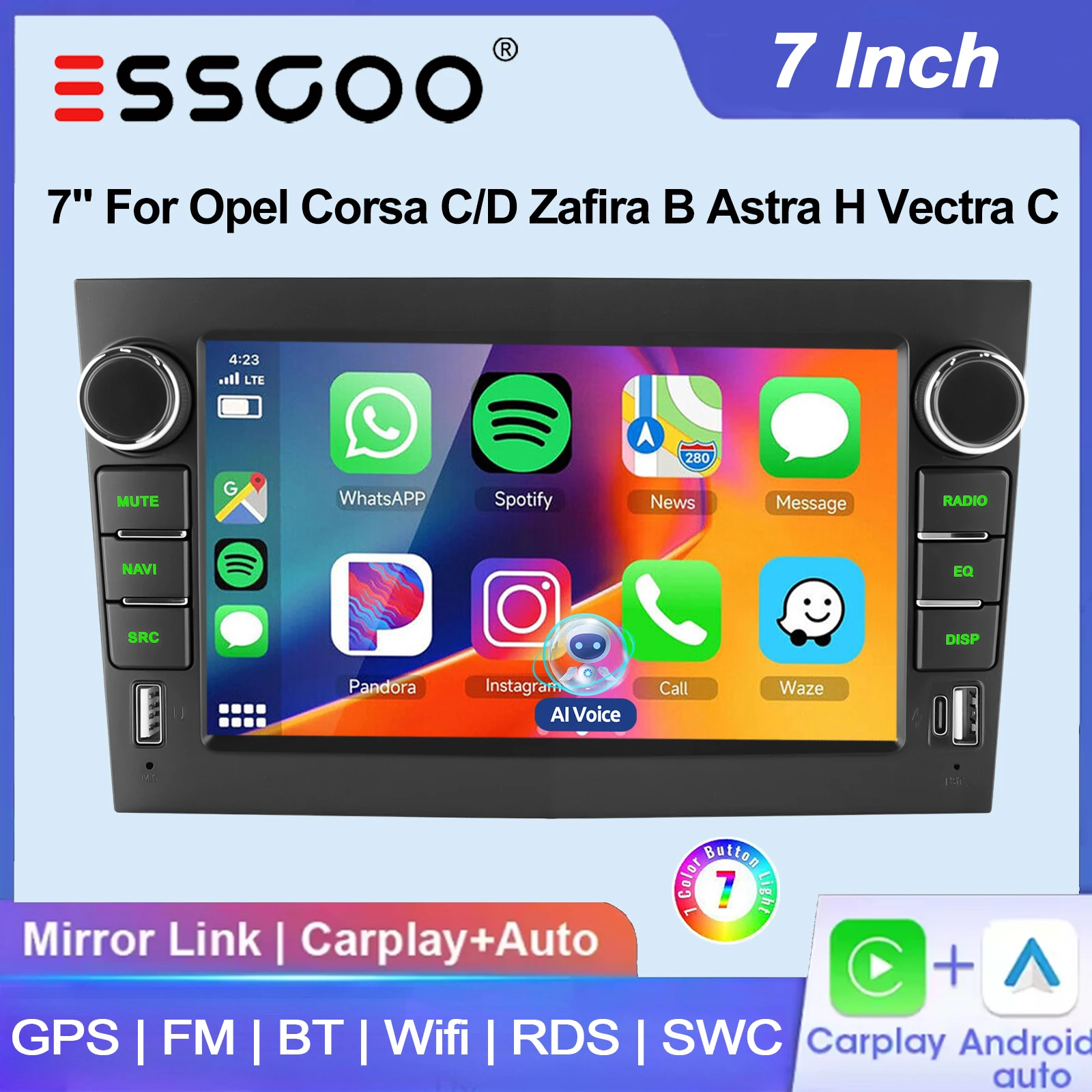 ESSGOO 7" Android 15 64G Wireless Carplay Android Auto für Opel Astra H Corsa C/D Vectra C Zafira B Autoradio GPS-Navigation FM BT WiFi RDS SWC AI-Sprachsteuerung Mirror Link Multimedia-Videoplayer