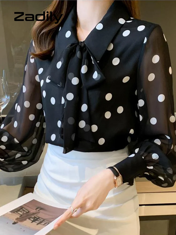 Zadily Dot Puff Long Sleeve Bow Chiffon Women Shirt Office Lady Bow Neck Button Transparent Shirts Casual Female Clothing Blouse