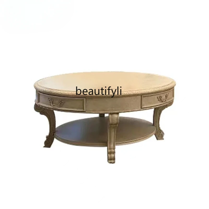 

American-Style round Tea Table Solid Wood Coffee Table European-Style Solid Wood Carved round Coffee Table