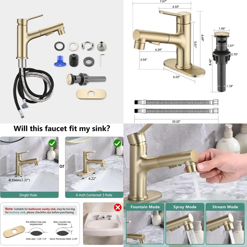 

Modern Single Handle Bathroom Sink Faucet with Pull-Out Spray and Pop-Up Drain, Gold, 1 or 4-Inch Centerset