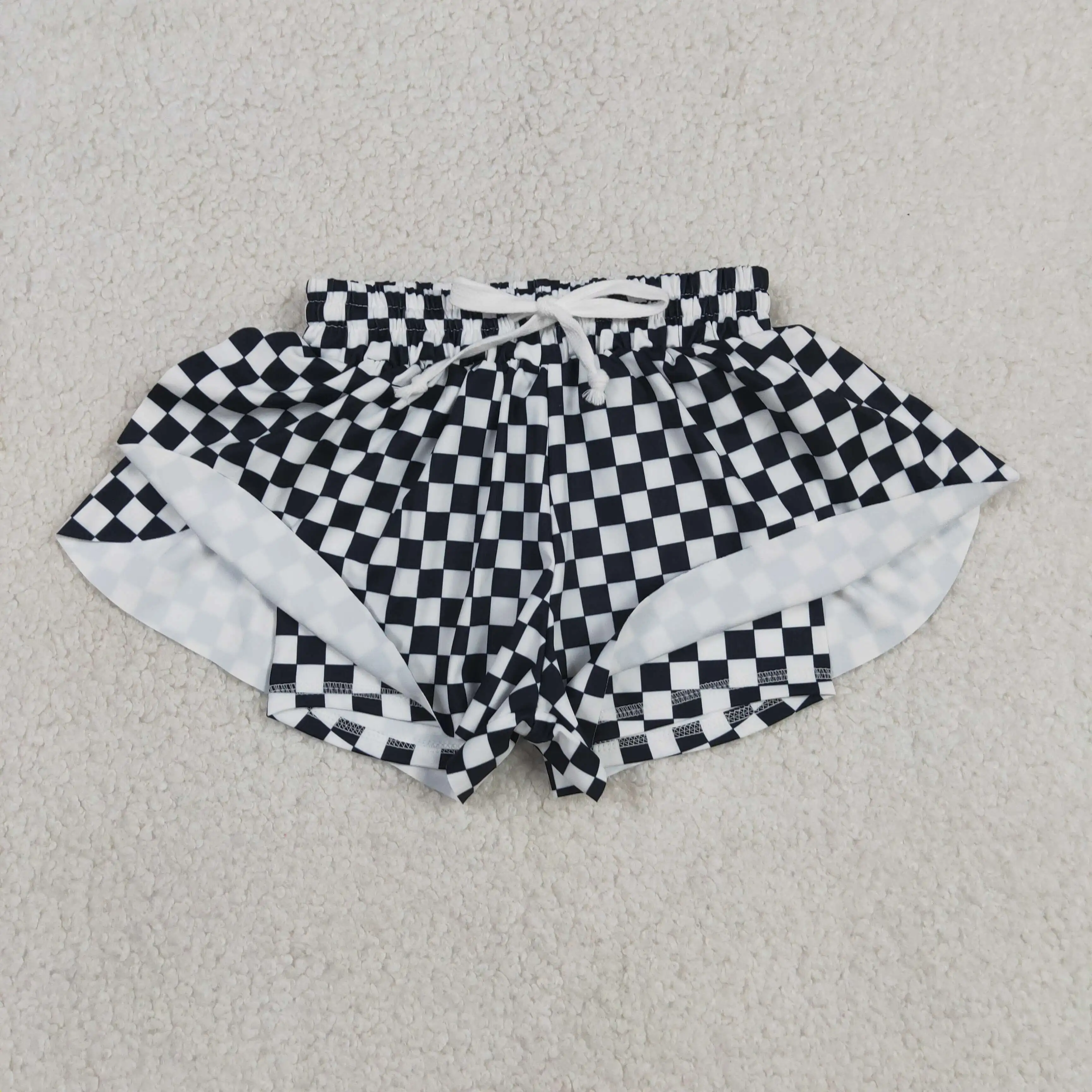 Wholesale Toddler Yoga Athletic Girls Kids Children Active Black Checked Clothes Baby Girl Adjustable Summer Ruffle Shorts