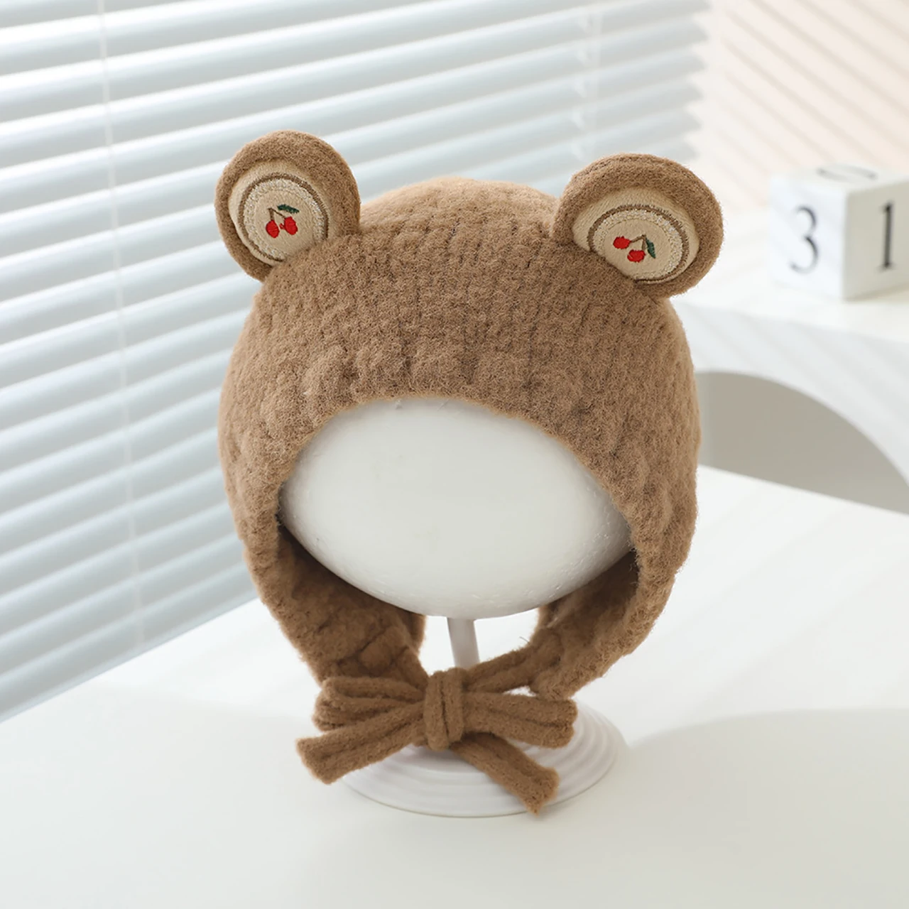 Autumn Winter Baby Knitted Hat Cute Ear Warm Plush Infant Boy Girl Ear Protection Cap Windproof Kids Lacing Beanie Bonnet view 2