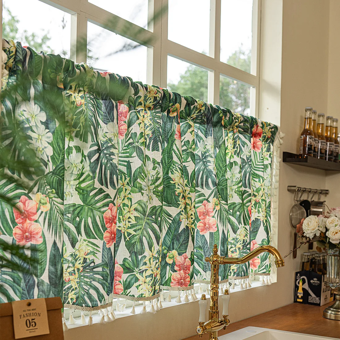 Digital Printed Green Large Leaf Pink Flower Pattern Short Curtain with Tassel Living Room Kitchen Blackout Cloth no Punching