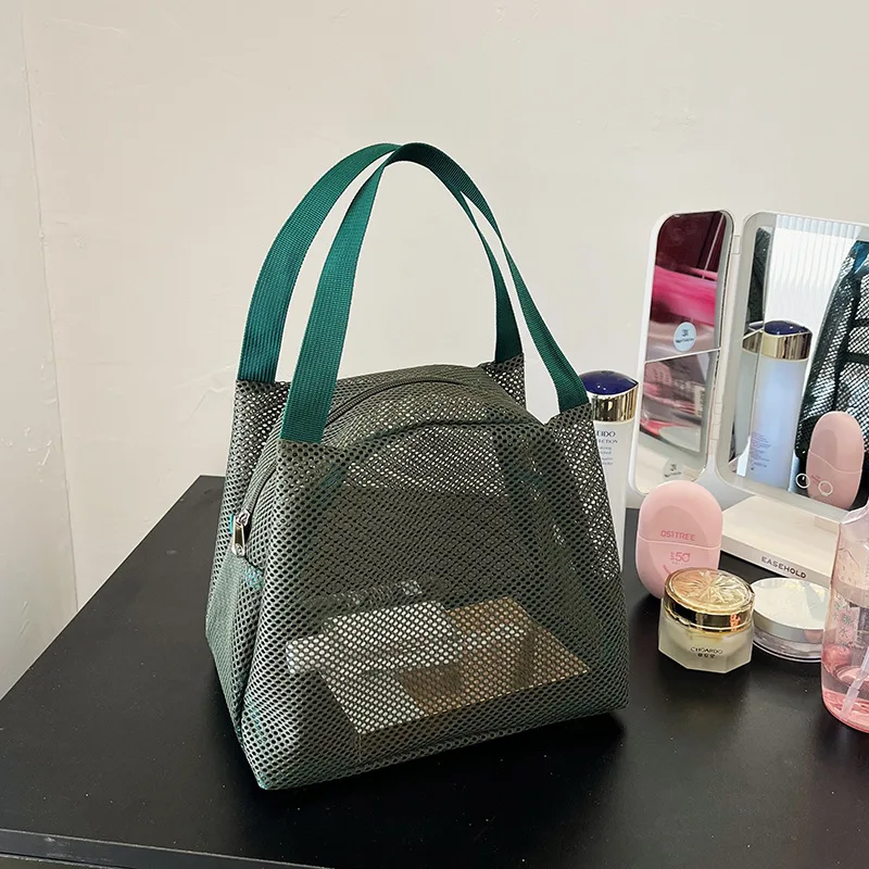 Portable Large Mesh Travel Bag with Handle - Zipper Toiletry Makeup Pouch, Perfect for Beach & Daily Storage