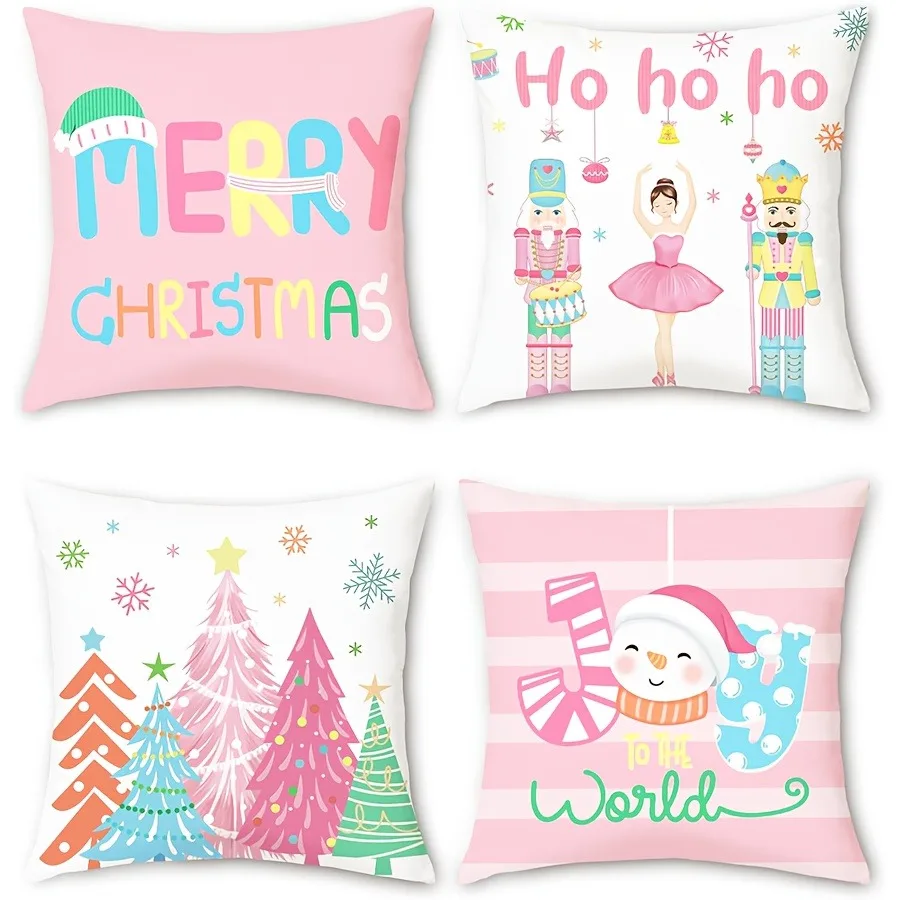 مهرجان Fundas de almohada navideñas: Feliz، Cascanueces، azboles y mucionesos de nieve، funda de cojín para sofá y habitación