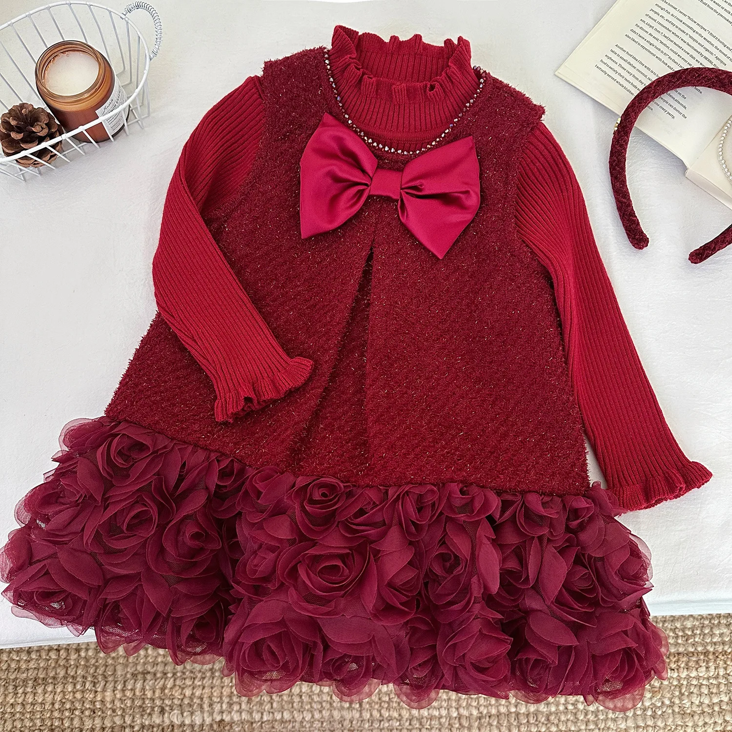 Girls Dress Sets Winter Children Woolen Jersey Sweaters Tops Vest Dresses 2pcs Thick Velvet Suit For Baby Clothes Kids Costume 7