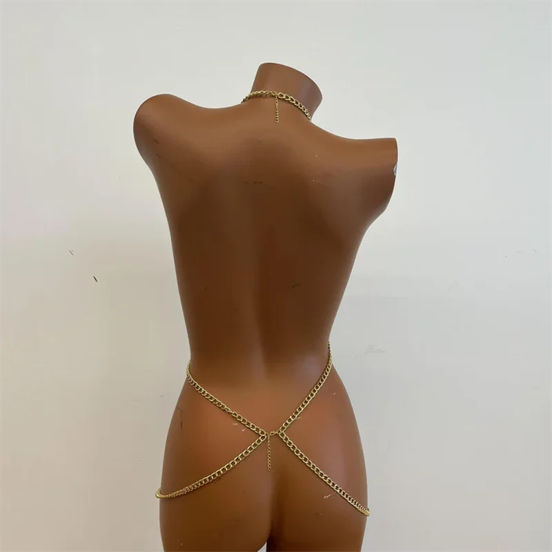 Damenkleid Gold Ganzkörper-Kettenkleid Sexy Neckholder-BH Körperketten-Set Nachtclub Party Bikini Cover-Up Schmuck Damenbekleidung – Detail 8