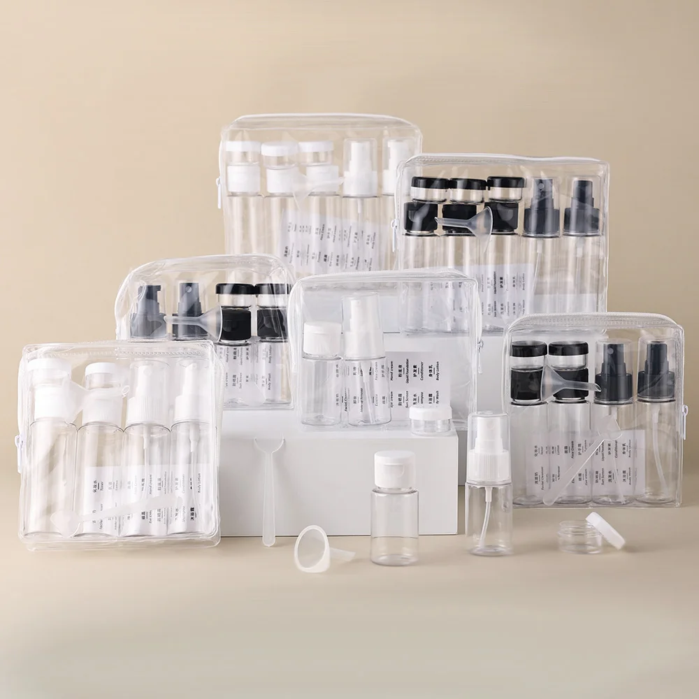 6/8 Pcs 50ml Travel Bottle Set Black/White Refillable Toiletry Kit with Spray Lotion Mini Jars Funnel Dropper Carry Case