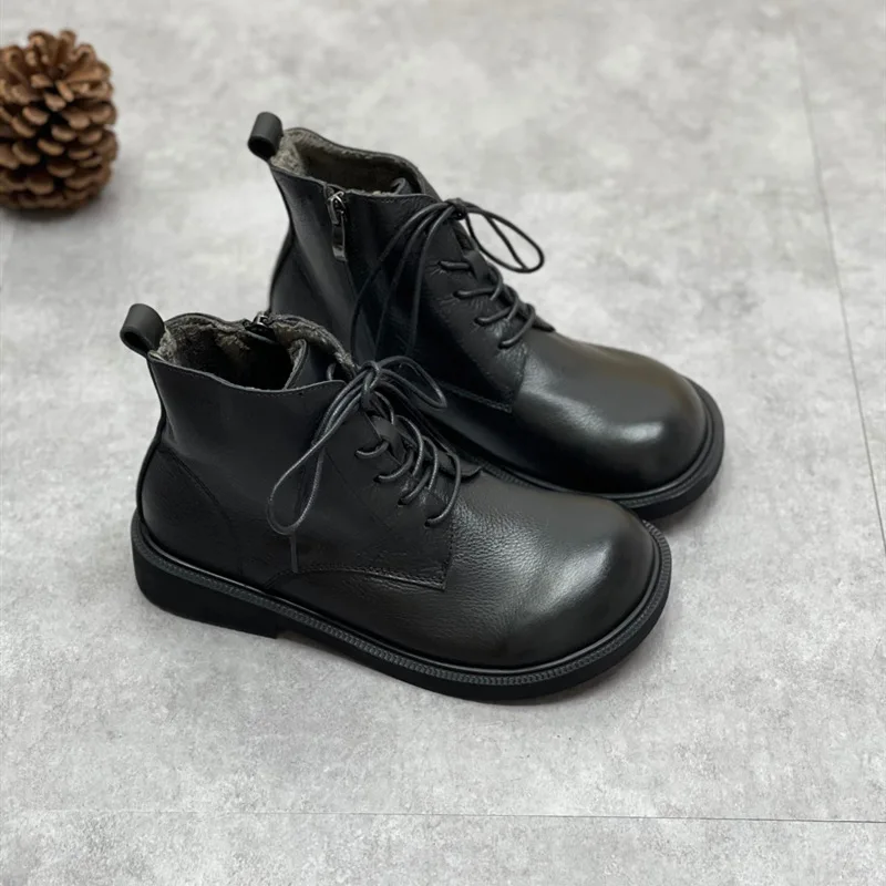 Johnature Genuine Leather Winter Boots Women Shoes Zip Round Toe Flat With 2024 New Handmade Leisure Sewing Ankle Ladies Boots