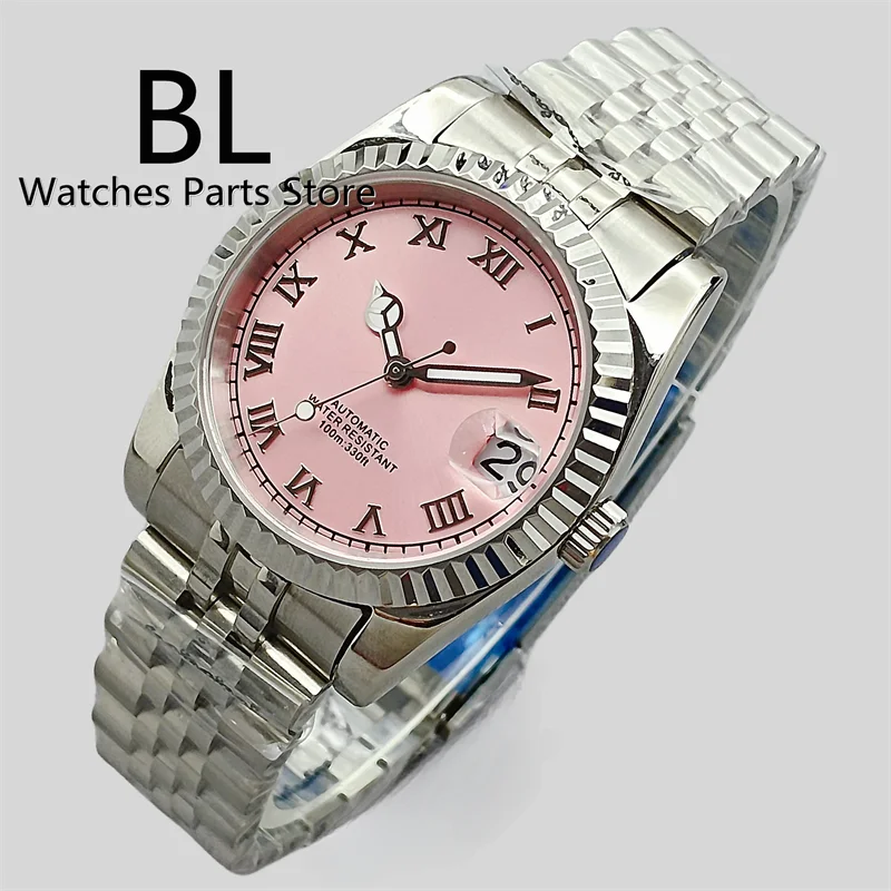 Imagem -03 - Bliger Rosa Dial Relógio Automático Oyster Jubilee Pulseira Caneladas Moldura Sapphire Cristal Diamante Tempo Romano Marcas Luxo Nh35a 904