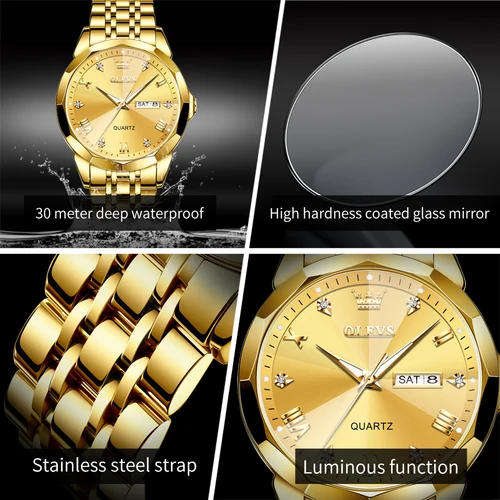 Imagen 2 del producto OLEVS, nuevo reloj para hombre, reloj de pulsera Original de cuarzo resistente al agua para hombre, correa de acero inoxidable dorado, reloj de lujo de alta gama para hombre