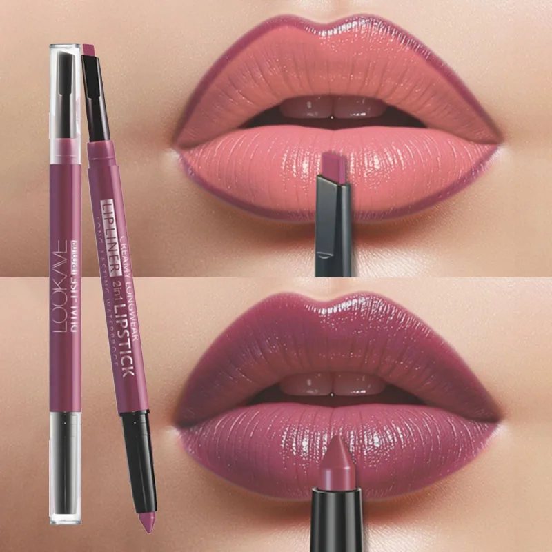 2-in-1-Lippenstift und Liner, doppelseitiger, matter Lippenstift mit Lipliner, wasserfest und langlebig, cremige, übertragungssichere Oberfläche