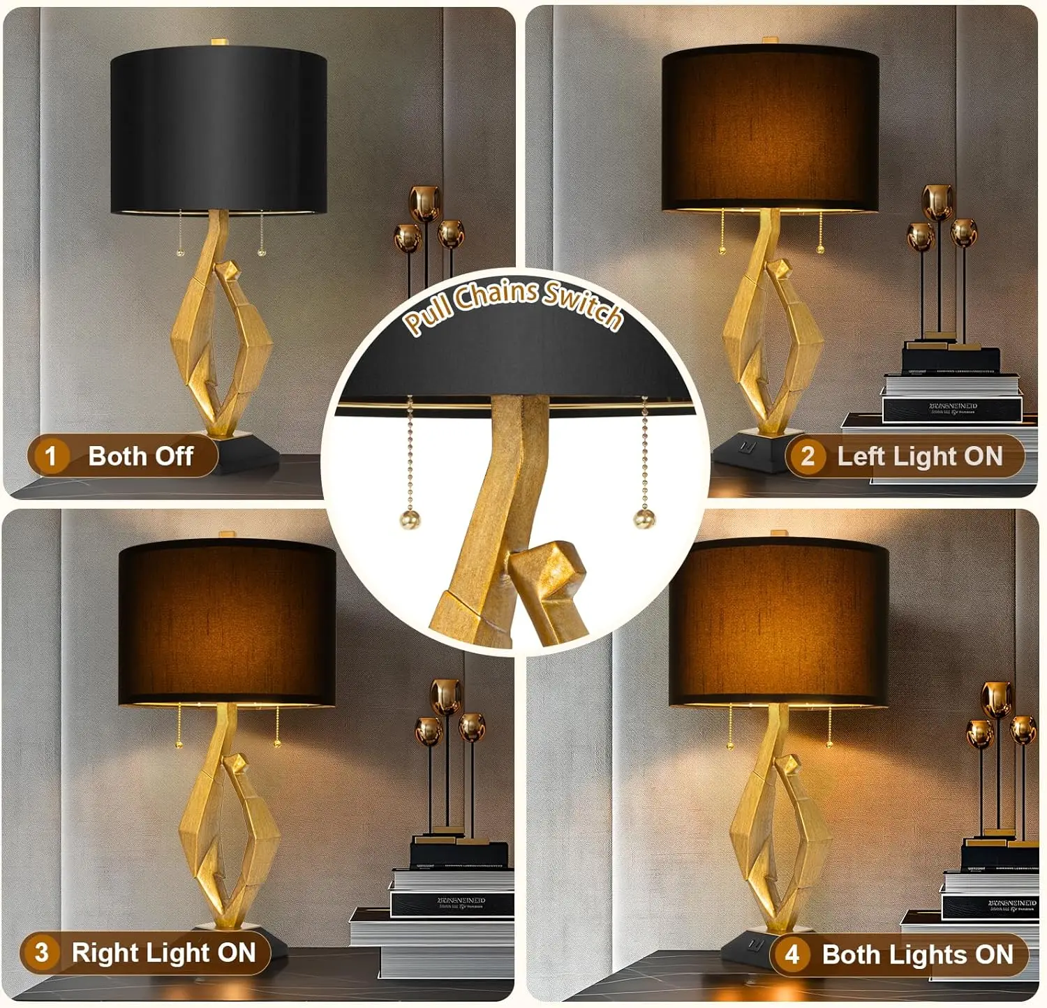 Modern Gold Table Lamp Set with USB Ports, Pull Chain Switch for Living Room Bedside Office