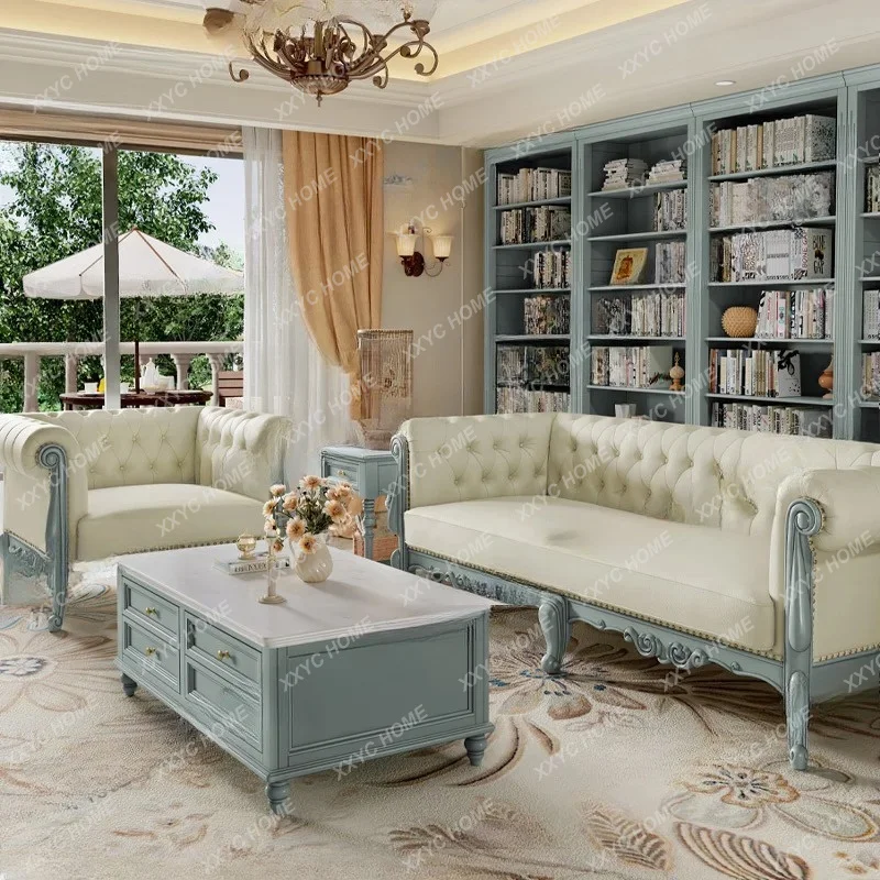 A solid wood sofa living room new three-person straight row first layer cowhide furniture genuine leather