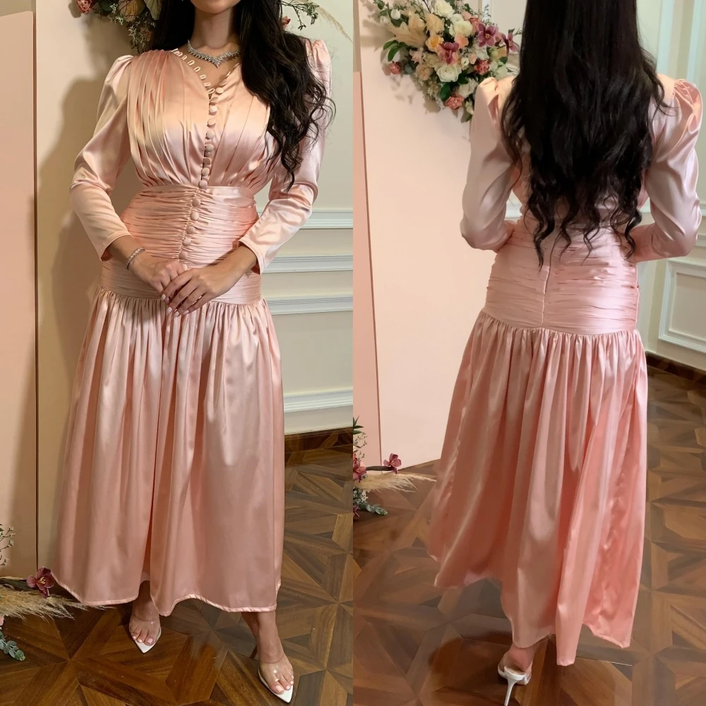 Customized     Satin Button Draped Formal A-line V-neck Bespoke Occasion Gown Midi es Saudi Arabia