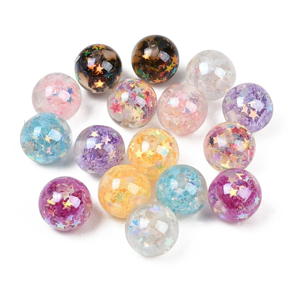 50pcs Transparent Resin Round Beads with Star Sequin Inside Glitter Powder Spacer Beads for DIY Bracelet Necklace Jewelry Making