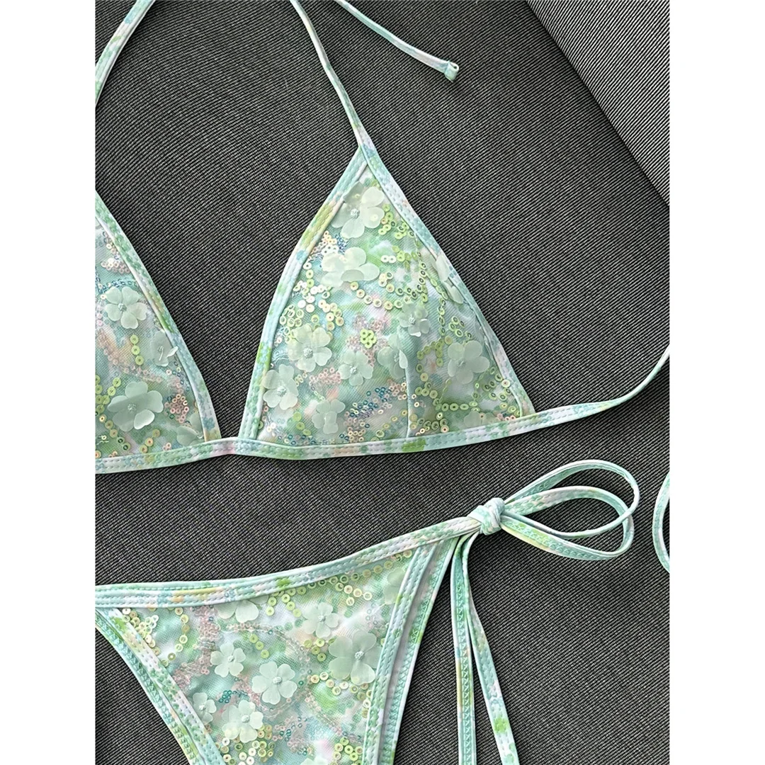 Bedruckter Bikini mit Pailletten, Neckholder-Design, Damen-Badebekleidung, zweiteiliger Bikini, hoher Beinausschnitt, Badeanzug, Badebekleidung, Modell V8237. – Detail 22