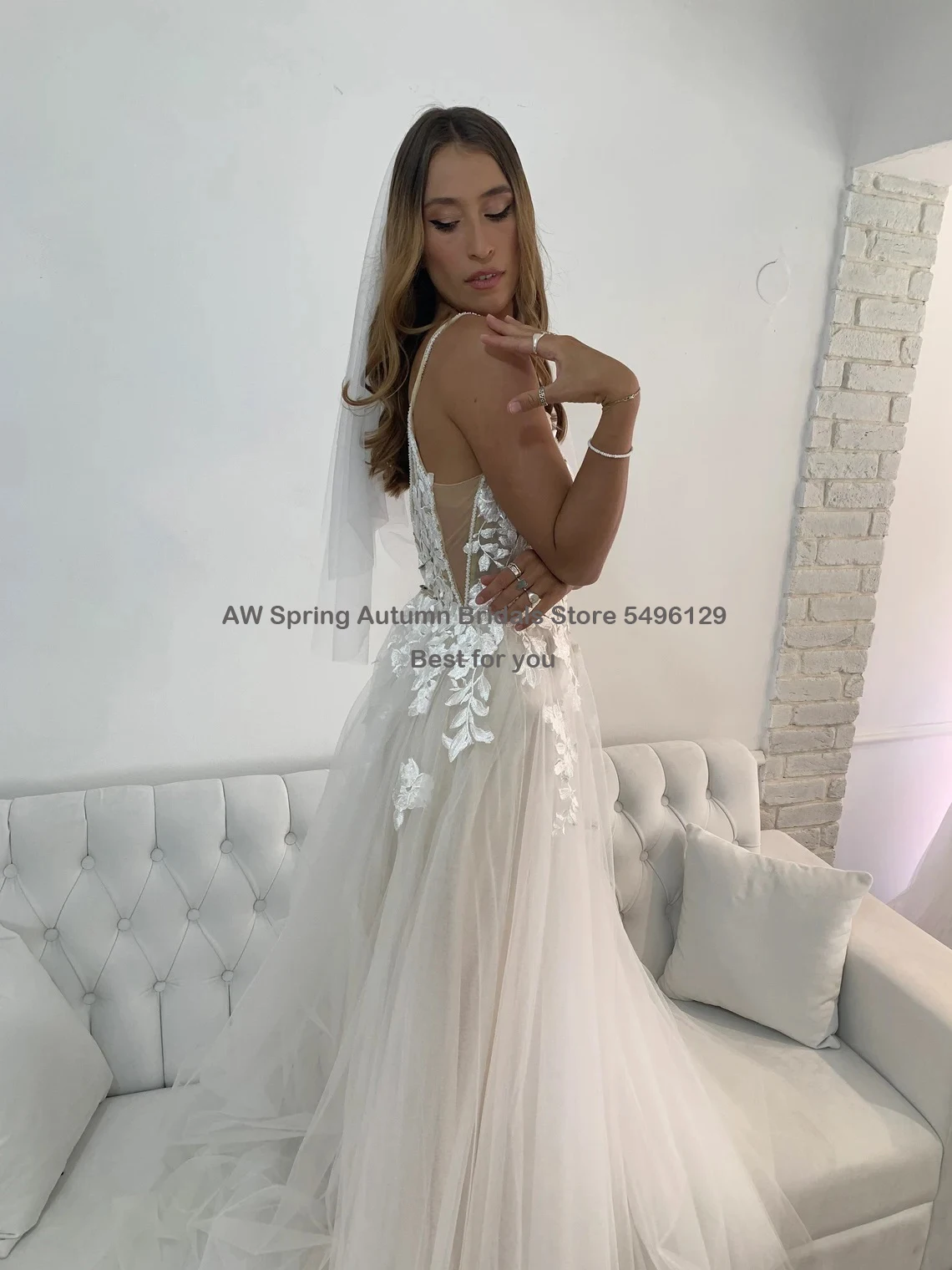 New Unique Gorgeous Backless Wedding Dress Lace V-neck Straps Wedding Gown Fairy Flowy A-Line Tulle Summer Airy Bridal Dress