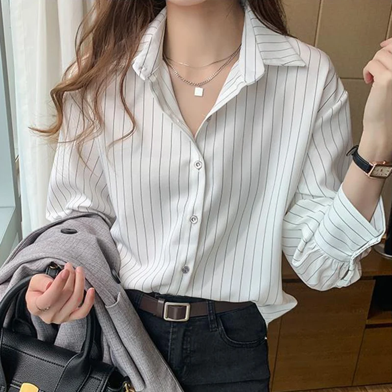 Fashion Women Striped Shirt Fall Chiffon Single Breasted Casual Soft Office Lady Design Cardigan Long Sleeve Lapel Classic Top