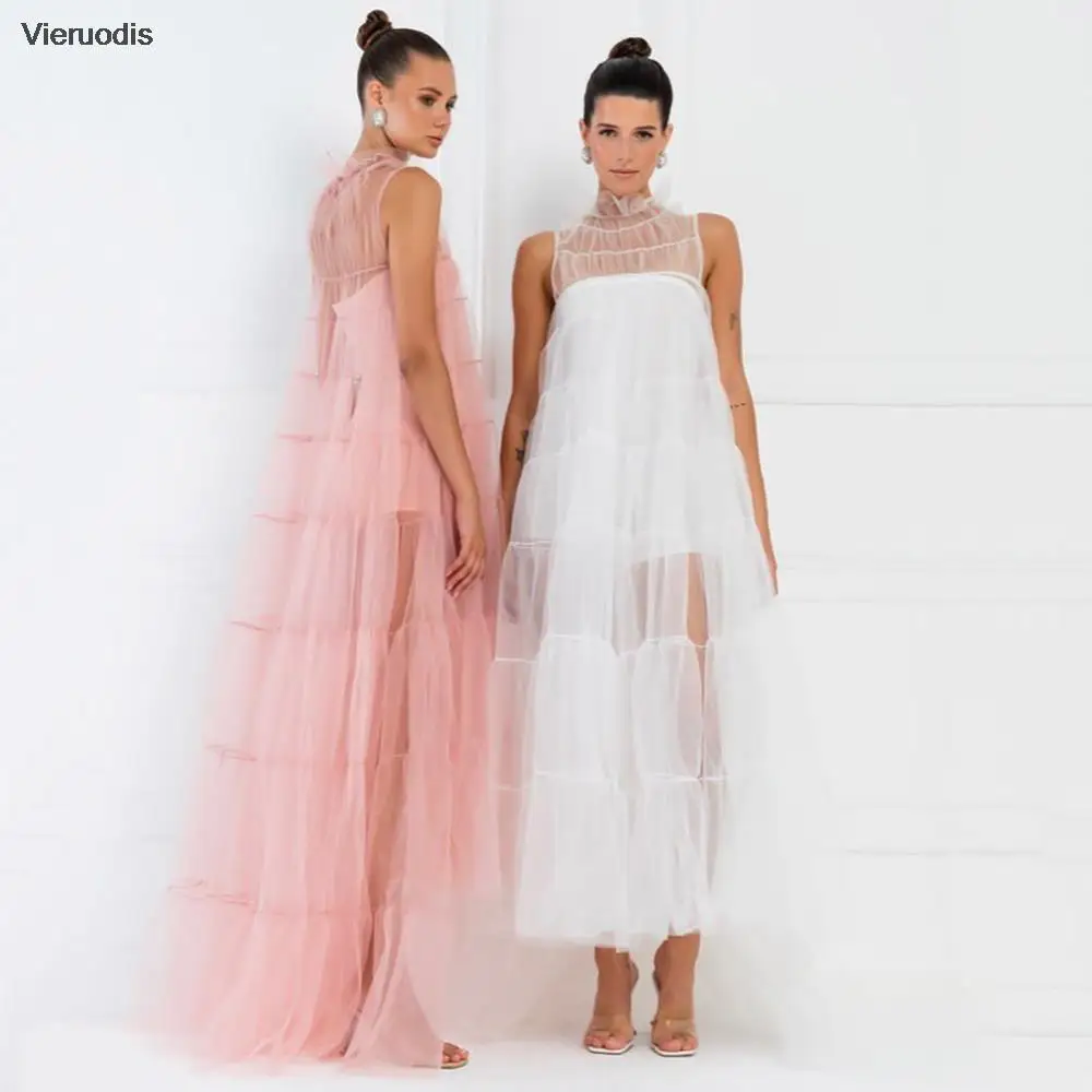 فساتين حفلة موسيقية من التول الوردي / الأبيض أنيقة على شكل حرف a ورقبة عالية فساتين سهرة متدرجة مع سحاب abendkleid vestido festa