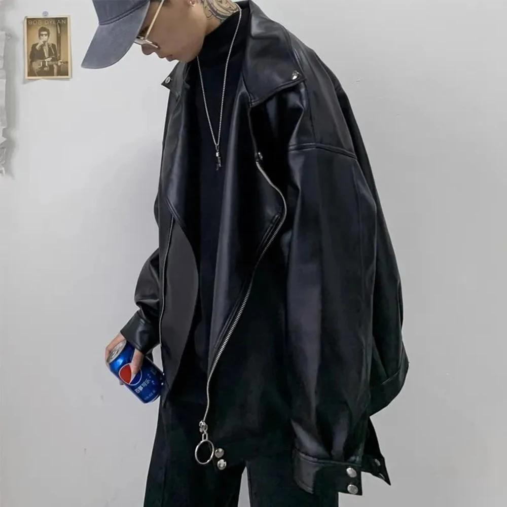 Mens Pu Leather Jacket Rivets Casual Pu Jacket Streetwear Fashion All-Match Youth Trend Campus Long-Sleeved Top Men'S Clothing